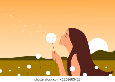 Young woman blowing dandelion in summer field. Happy girl at sunset in nature background. Allergy to flowers pollen, making a wish, freedom concept. Vector illustration