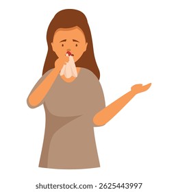 Young woman blowing her nose with tissue, suffering from cold or allergy
