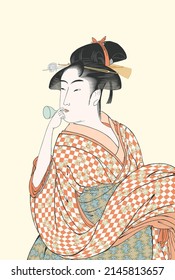 Young Woman Blowing a Poppin (Kitagawa Utamaro)