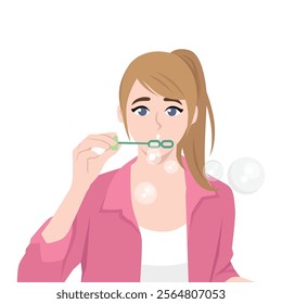 Young woman blows soap bubbles enjoying presence free time. Flat vector Character Illustration