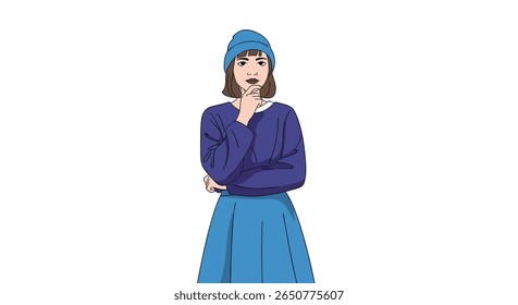 Uma jovem mulher com um gorro azul e saia parecendo pensativa enquanto está de pé