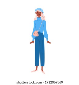 A young woman in blue clothes with a beret on her head and a small handbag over her shoulder. A dark-skinned woman stands in a blue sweater. Fashionable blonde. Vector illustration isolated on white b