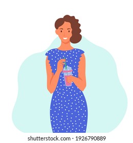 A young woman in a blue dress drinks a smoothie, fresh juice, a cocktail. The concept of proper nutrition, healthy lifestyle. Fat cartoon illustration.