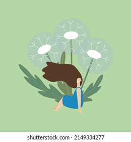 Young woman in blue dress sits, fluffy dandelions, green background. Hand drawn vector illustration.