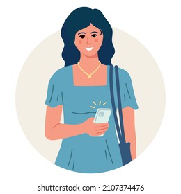 Young woman in blue dress is using smartphone, chatting or talking. Happy girl is looking on the phone. Flat cartoon illustration.