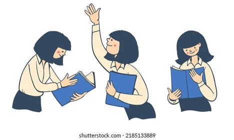 A young woman with a blue folder. Vector illustration in cartoon style.