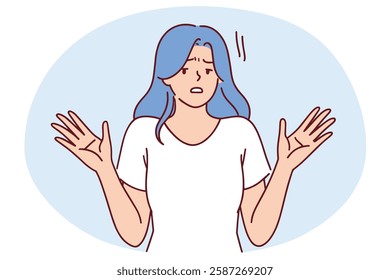 A young woman with blue hair expresses confusion and uncertainty through body language and facial expression.