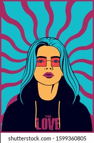 Young Woman, Blue Hair, Hoodie, Pink Sunglasses Poster Template