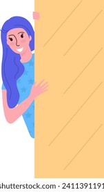 Young woman with blue hair peeking around corner with a friendly smile. Casual style and playful attitude in a flat design. Happy greeting, welcoming gesture vector illustration.