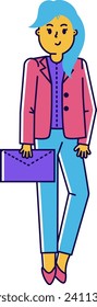 Young woman with blue hair, pink blazer, holding a purple clutch. Stylish female character, fashion and accessories vector illustration.