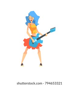 Young woman with blue hair playing guitar cartoon vector Illustration