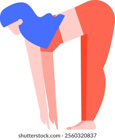 Young woman with blue hair and red sportswear is doing uttanasana, a standing forward bend yoga pose, touching the floor with her hands and keeping her legs straight