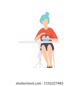 Young woman with blue hair sitting in cafe and eating ice cream vector Illustration on a white background