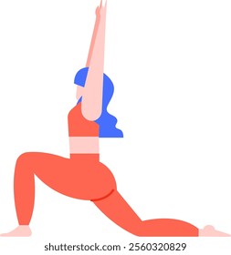 Young woman with blue hair wearing orange sportswear is performing a yoga pose, promoting physical and mental wellness through exercise and mindfulness