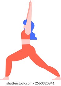 Young woman with blue hair, wearing orange sportswear, is performing a yoga warrior pose, demonstrating strength, flexibility, and mindfulness