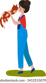 Young woman in blue overalls kissing a ginger cat outdoors. Loving pet owner and cute feline friend moment. Animal care and affection vector illustration.