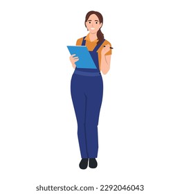 Young woman in blue overalls. Woman plumber holding pen and clipboard standing and writing solutions. Flat vector illustration isolated on white background