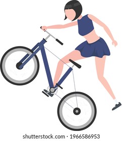 Young woman Blue wear, celebration , leisure summer fit, trendy stripe print, beach shoes, cycling a city bike, bad rider. Front and rear view. Vector flat style cartoon illustration, isolated, white 