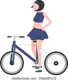 Young woman Blue wear, celebration , leisure summer fit, trendy stripe print, beach shoes, cycling a city bike, bad rider. Front and rear view. Vector flat style cartoon illustration, isolated, white 
