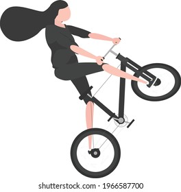 Young woman Blue wear, celebration , leisure summer fit, trendy stripe print, beach shoes, cycling a city bike, bad rider. Front and rear view. Vector flat style cartoon illustration, isolated, white 