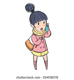 Young woman blushing while talking on the phone, hand on her chest; cartoon