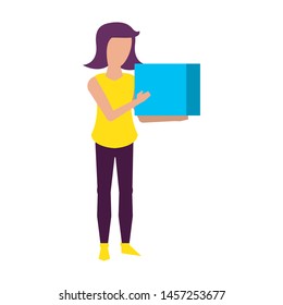 young woman body without face wearing yellow blouse and holding cube cartoon vector illustration graphic design