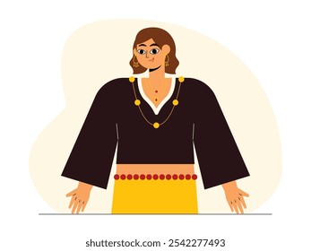 Young woman with bohemian style has wavy brown hair wearing black top and layered gold necklace, gypsy vector illustration.