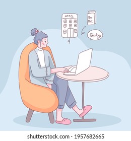 Young woman book accommodation through application on laptop with convenience for trip. Online booking design concept for online service. flat Vector Illustration