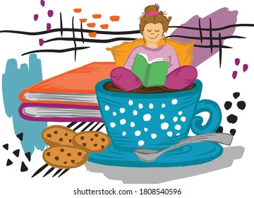 Young woman with book in cup of coffe and cookies