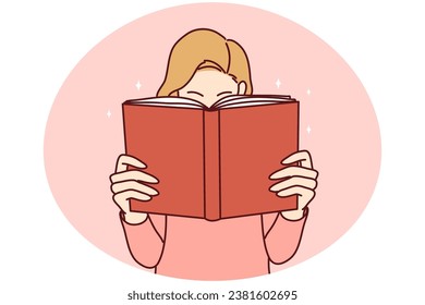Young woman with book enjoy reading. Engaged girl with textbook lost in literature. Bookworm and hobby. Vector illustration.