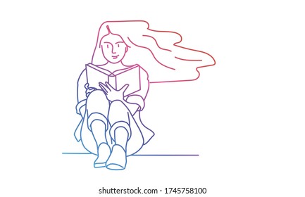 Young woman with a book is sitting on the floor. Rainbow colors in linear vector illustration.