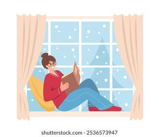 Young woman with book sitting on windowsill. Happy girl near window. Cozy Snowy winter season or cold weather at home concept. Vector illustration isolated on white background.