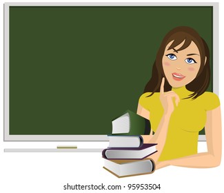 Young woman with books and blackboard behind her