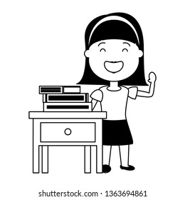 young woman with books on bedside table