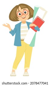 Young woman with books and papers. Cartoon smart person