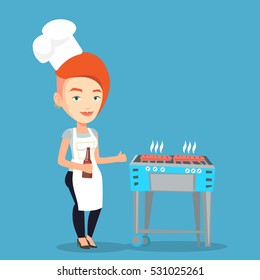 Young woman with bottle in hand cooking steak on gas barbecue grill and giving thumb up. Caucasian woman cooking steak on the barbecue grill outdoors. Vector flat design illustration. Square layout.