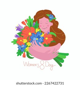 Young woman with a bouquet of flowers, Women's Day March 8.  Spring greeting card design with inscription. Bright color vector illustration. The background is isolated. 