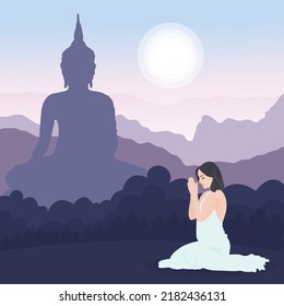 A young woman bowing to the Buddha image praying for a happy life. Vector illustration concept of living according to Buddhist teachings.