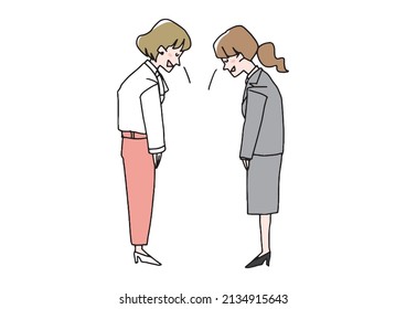 Young woman bowing to each other Comical handwritten person Vector, simple coloring of line drawing