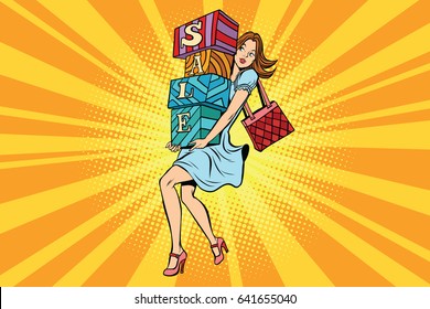 Young woman with boxes sale, buyer and shopping