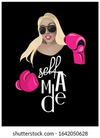 Young woman with boxing gloves and caption self made. T shirt design. Vector illustration