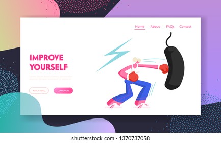 Young Woman Boxing Punching Bag in Gym. Female Boxer Character Workout, Fighting Lady Fitness Exercise for Strong Healthy Body. Website Landing Page, Web Page. Cartoon Flat Vector Illustration, Banner