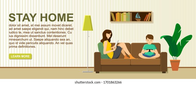 A young woman and a boy are sitting on a sofa, reading a book, playing games on a smartphone. Mom and son stay at home, quarantine, isolation, joint activities. Vector logo header, banner