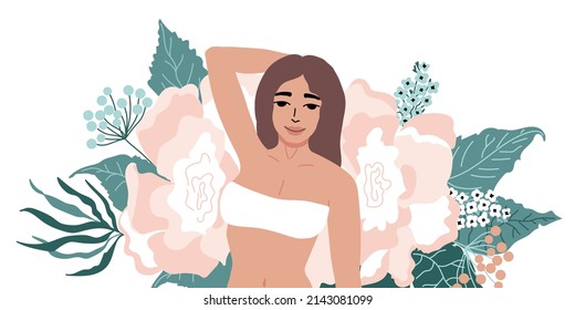 Young woman in a bra. The topic of depilation of armpits. Female beauty.  Abstact flowers and leaves. Healthy Skin. Vector illustration