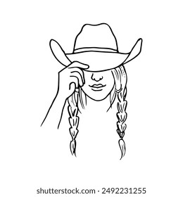 young woman with braids holding onto the brim of her cowboy hat - hand drawn outline drawing