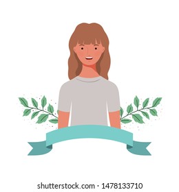 young woman with branches and leaves background