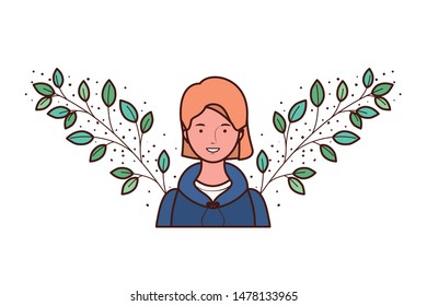 young woman with branches and leaves background