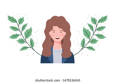 young woman with branches and leaves background