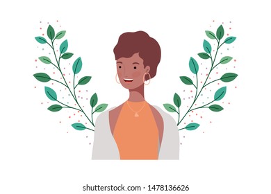 young woman with branches and leaves background