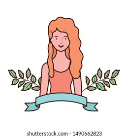 young woman with branches and leaves background
